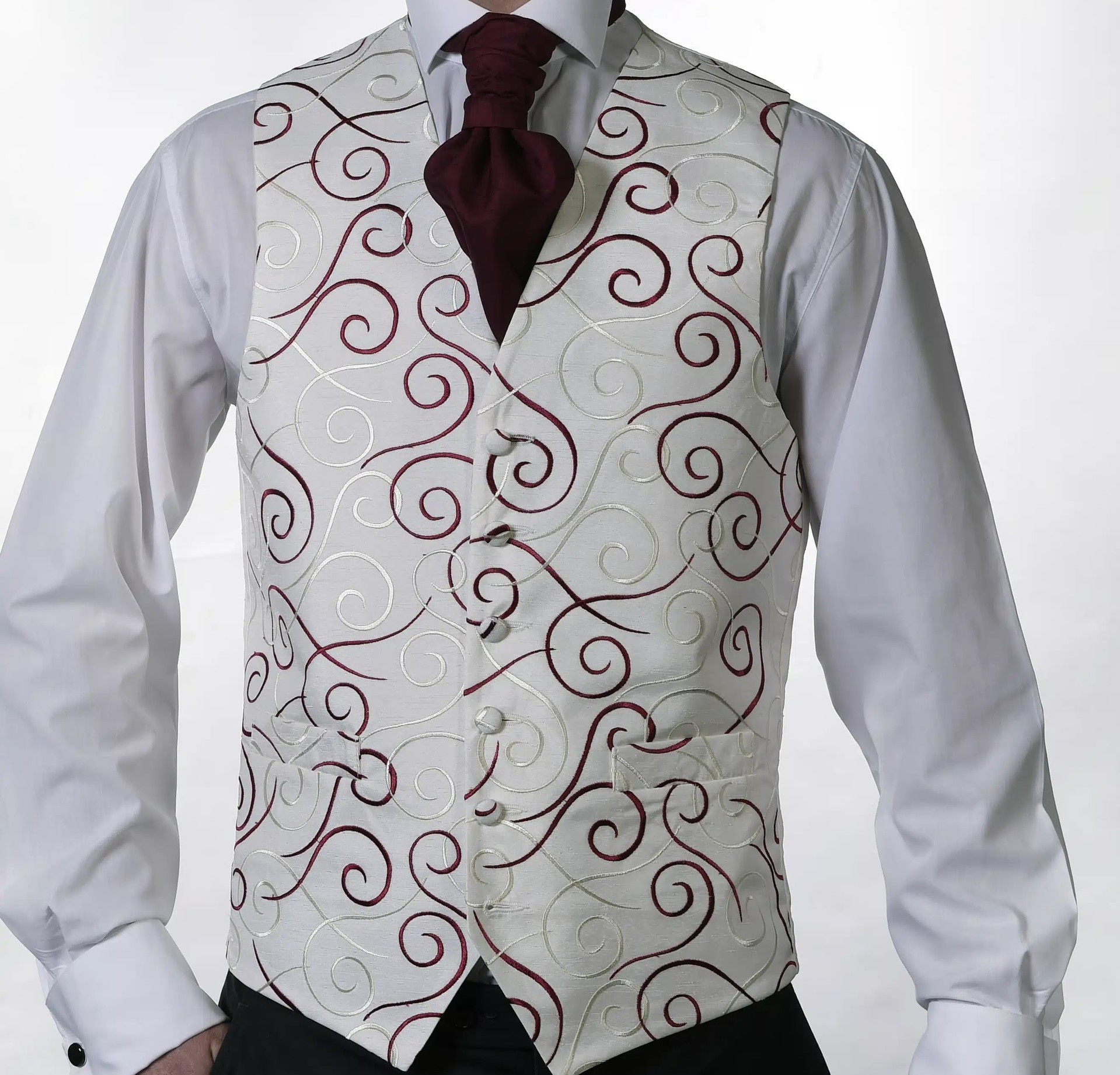 Rene wine waistcoat with claret cravat