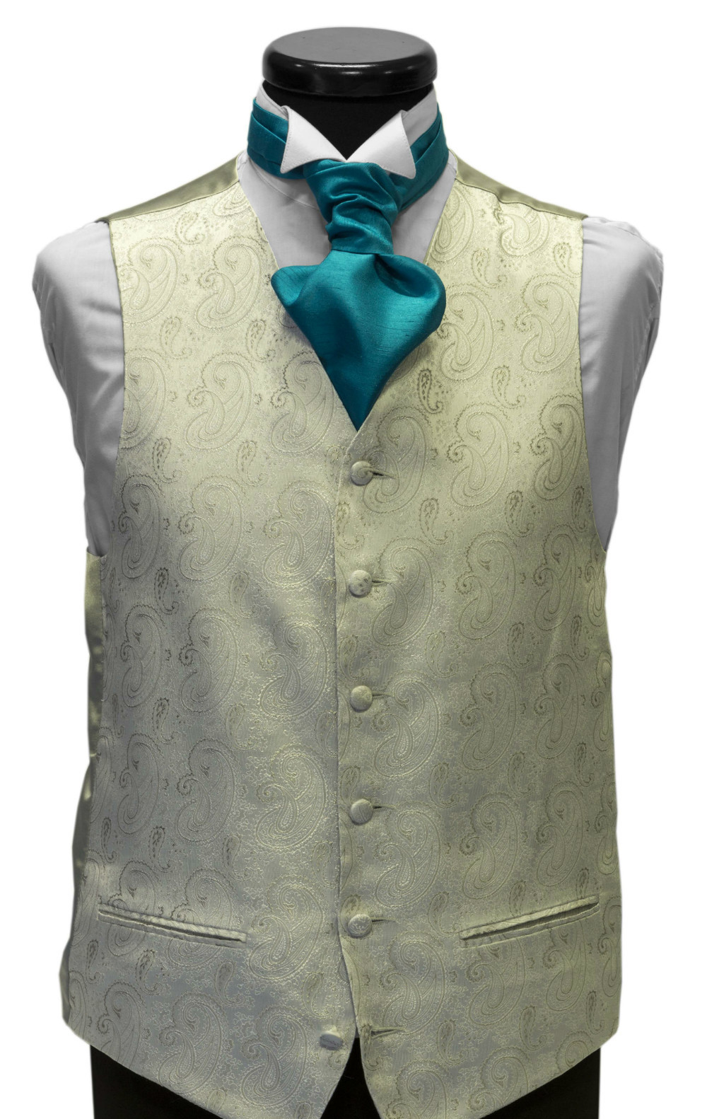 Ivory paisley waistcoat with turquoise cravat